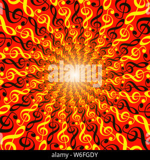 Treble clefs Explosion. Kraftvolle spirale Muster, leuchtenden Tunnel mit glänzenden Zentrum. Twisted runden roten und gelben fraktale Hintergrundbild Stockfoto