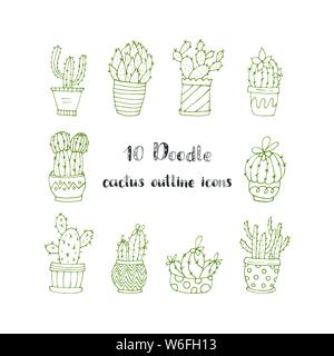 Set mit 10 handdrawn doodle Ikonen der Kaktus Vasen. Kakteen Sukkulenten Vektorgrafiken. Stock Vektor