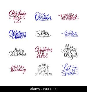 Frohe Weihnachten Pinsel Schrift und Typografie. Handschrift text Design mit Winter handdrawn Schriftzug. Frohes Neues Jahr Schrift gesetzt. Vektor Logo, Emblem Stock Vektor