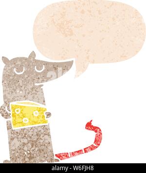 Cartoon Maus mit Käse mit Sprechblase in grunge Distressed retro strukturierte Stil Stock Vektor