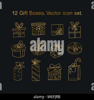 Einfache Gliederung Vektor dünne Linie Symbole. Geschenkboxen mit Bändern in verschiedenen Formen. Weihnachten Symbole. Stock Vektor