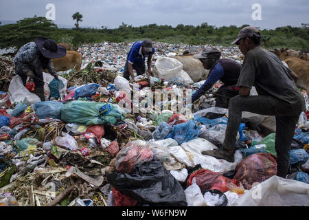 Lhokseumawe, Aceh, Indonesien. 1 Aug, 2019. Radikalfänger Abholung verwendete Kunststoff auf Deponien in Lhokseumawe, Aceh, Indonesien. Daten aus dem Worldwide Fund for Nature (WWF), die etwa 300 Millionen Tonnen Kunststoff jedes Jahr produziert werden, von denen die meisten am Ende in Deponien und das Meer, das Meer. In der Tat, das hat eine internationale Krise geworden, die auch heute noch wachsen. Credit: zikri Maulana/SOPA Images/ZUMA Draht/Alamy leben Nachrichten Stockfoto