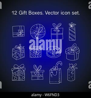 Einfache Gliederung Vektor dünne Linie Symbole. Geschenkboxen mit Bändern in verschiedenen Formen. Weihnachten Symbole. Stock Vektor