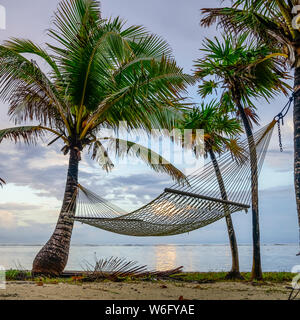 Hängematte zwischen Palmen am Strand bei Sonnenuntergang; Bay Islands Department, Honduras Stockfoto