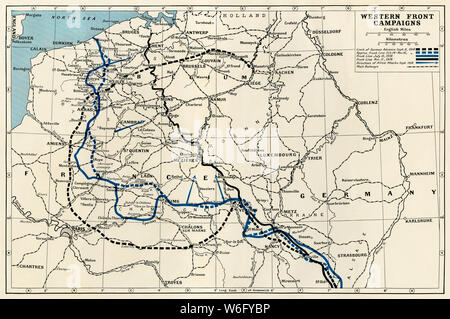 Militärischen Kampagnen an der Westfront, Weltkrieg I. gedruckte Farbe Karte Stockfoto