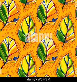 Nahtlose Muster mit Aquarell Blätter im Herbst. Von Hand bemalt Pastell gelb, orange und grün Farben mit stilisierten Blätter auf einem orangefarbenen backgrou Stockfoto