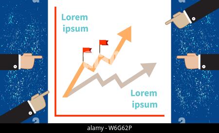 Vektor flachbild Abbildung auf blauem Hintergrund. Zwei Karten in der Mitte der Komposition. Vier männliche Hände in Anzügen auf Diagramme zeigen. Kreative Idee Stock Vektor