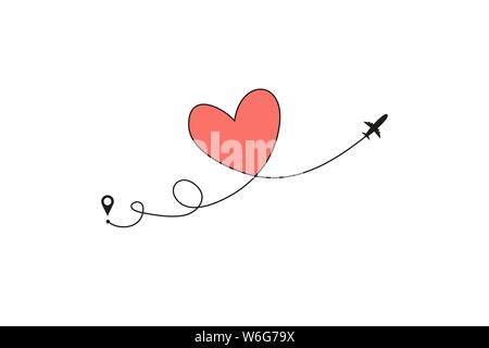 Flugzeug und seine Spur in der Form eines Herzens auf weißem Hintergrund. Vector Illustration. Flugzeuge Flug weg und Ihre Route Stock Vektor