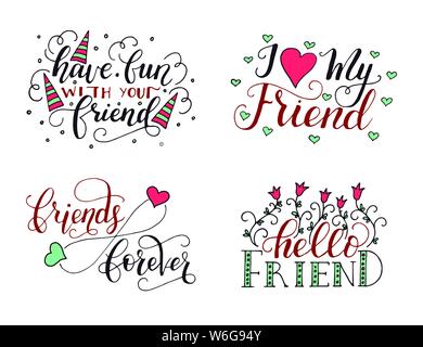 Vektor Schriftzug für Freundschaft Tag eingestellt. Handdrawn einzigartige Kalligraphie für Grußkarten, Tassen, T-Shirts, Ets. Stock Vektor