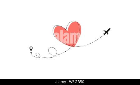 Liebe Flugzeug Route. Herz gestrichelte Linie verfolgen und ebene Strecken, auf weißem Hintergrund. Romantische Hochzeit reisen, Flitterwochen. Hearted Ebene Stock Vektor