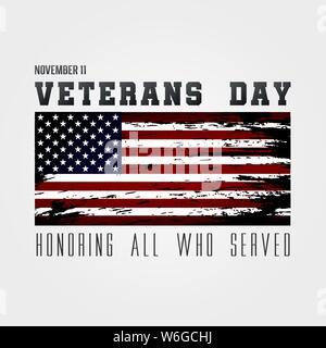 USA Gruß Veterans Day Karte mit USA-Flagge auf weißem Hintergrund. Ehrt alle, die dienten. Stock Vektor