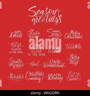 Frohe Weihnachten Pinsel Schrift und Typografie. Handschrift text Design mit Winter handdrawn Schriftzug. Frohes Neues Jahr Schrift gesetzt. Vektor Logo, Emblem Stock Vektor