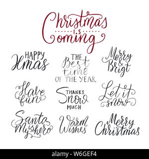 Frohe Weihnachten Pinsel Schrift und Typografie. Handschrift text Design mit Winter handdrawn Schriftzug. Frohes Neues Jahr Schrift gesetzt. Vektor Logo, Emblem Stock Vektor