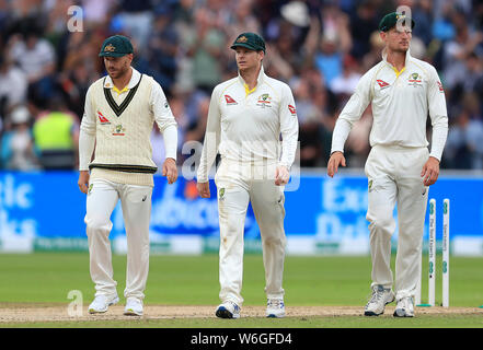 Australiens David Warner, Steve Smith und Cameron Bancroft während des Tages eine der Asche Test Match bei Edgbaston, Birmingham. Stockfoto