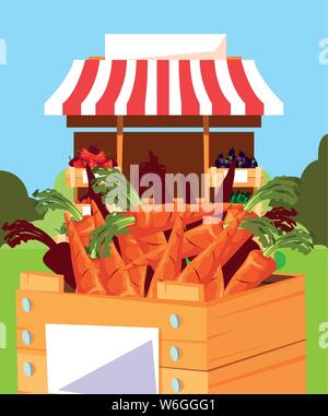 Stand verkaufen Gemüse Möhren in Holz- Warenkorb Vector Illustration Stock Vektor