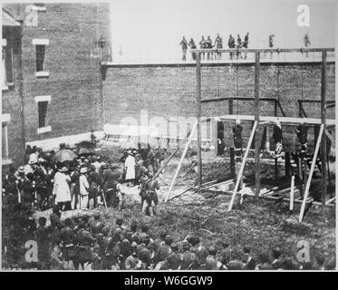 Ausführung der vier Personen verurteilt als Verschwörer, Mary Surratt, Lewis Powell, David Herold und George Atzerodt., 07.07.1865; Allgemeine Hinweise: Verwenden Sie Krieg und Konflikt Nummer 264 bei der Bestellung eine Reproduktion oder Anforderung von Informationen zu diesem Bild. Stockfoto