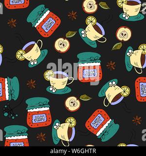 Cartoon doodle Abbildung. Nahtlose Herbst vector Pattern mit Tee mit Zitrone und sweet Apple Jam. Stock Vektor
