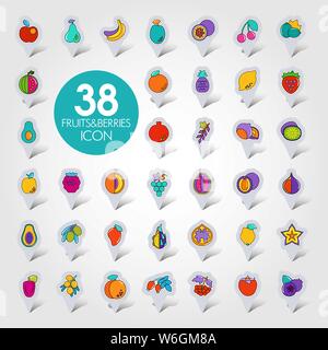Satz von Früchten und Beeren pin Symbol Karte. Kartenzeiger. Karte Markierungen. Vector Illustration, eps 10. Stock Vektor