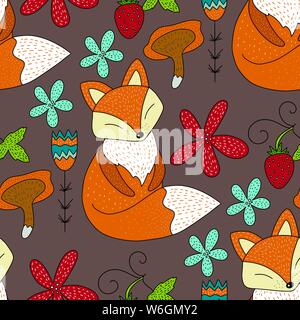 Die nahtlose Vektor Wald Muster mit niedlichen Abbildungen in Farbe-schlafen-fox, Blumen und Beeren. Stock Vektor