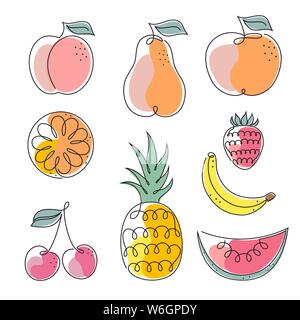 Einstellen der Früchte Symbole auf dem weißen Hintergrund. Eine Zeichnung Stil. Stock Vektor