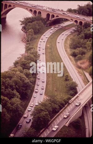 GEORGE WASHINGTON MEMORIAL PARKWAY AUF VIRGINIA, Blick nach Norden zu KEY BRIDGE Stockfoto