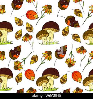 Cartoon doodle Abbildung. Nahtlose Herbst vector Pattern mit Pilzen, Herbst Blätter und Blüten. Stock Vektor