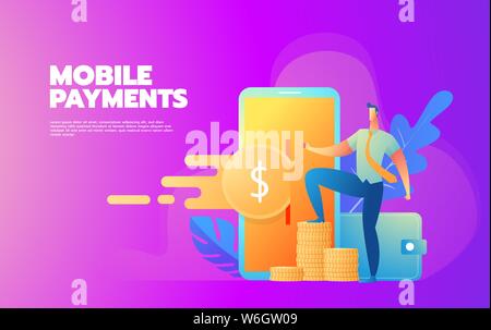 Flaches Design Stil Vector Illustration von modernen Smartphones, die mit der Verarbeitung von mobilen Zahlungen von Kreditkarte. Internet banking Konzept Stock Vektor