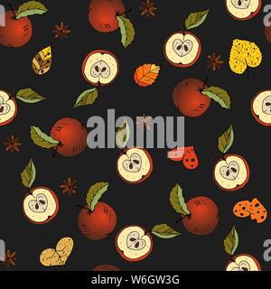 Frische rote Äpfel Hintergrund, handgezeichnete Symbole. Nahtlose Muster mit frischen Früchten. Dekorative Illustration, gut für den Druck. Stock Vektor