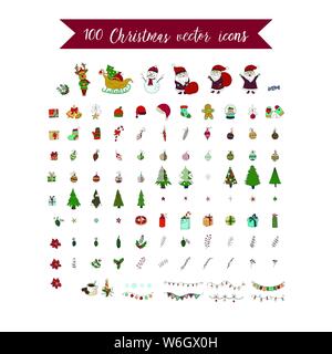 Big Christmas Icon Set. 100 Winter handdrawn Symbole. Vektor Logos, Embleme, Designs. Geeignet für Banner, Grußkarten, Geschenke etc. Stock Vektor