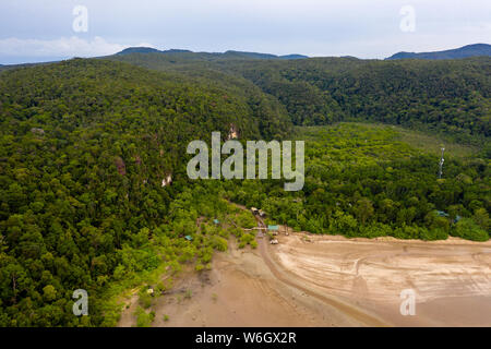 Antenne drone Ansicht der Mangrovenwald umgeben von üppigen tropischen Regenwald im Bako, Borneo Stockfoto
