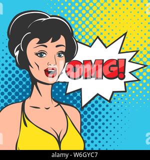 Junge Frau mit offenem Mund und Rede Cloud mit Wortlaut OMG im Pop Art Stil gezeichnet. Vector Illustration. Stock Vektor