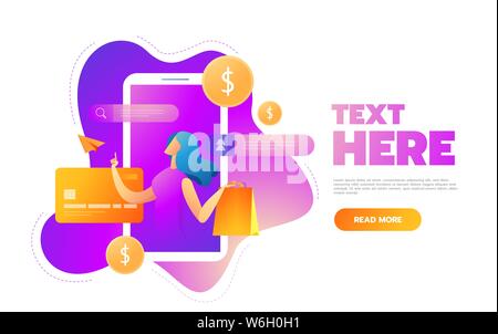 Junge Frau Charakter mit Warenkorb. Online shopping isometrische Konzept. Großer Verkauf. Flache Vector Illustration. Stock Vektor