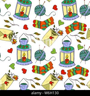 Cartoon doodle Abbildung. Nahtlose Herbst vector Pattern mit einem Herbst Lampe, einen Brief in einen Umschlag, eine Kugel von Threads und gestrickte Socken. Stock Vektor