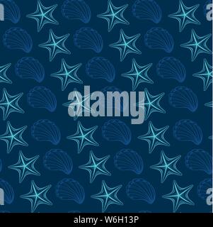 Muscheln und Seesterne Vektor nahtlose Muster. Marine Life Kreaturen farbigen Zeichnungen. Seeigel freehand skizzieren. Unterwasser Tiere Gravur. Wa Stock Vektor