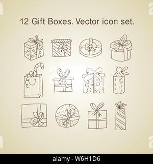 Einfache Gliederung Vektor dünne Linie Symbole. Geschenkboxen mit Bändern in verschiedenen Formen. Weihnachten Symbole. Stock Vektor
