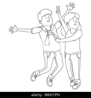 Jugendliche Freunde lächelnd und Spaß Karikatur in Schwarz und Weiß Stock Vektor