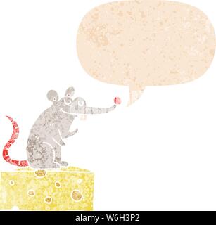 Cartoon Maus Auf Käse mit Sprechblase in grunge Distressed retro strukturierte Stil Stock Vektor