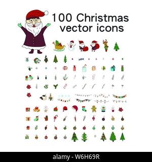 Big Christmas Icon Set. 100 Winter handdrawn Symbole. Vektor Logos, Embleme, Designs. Geeignet für Banner, Grußkarten, Geschenke etc. Stock Vektor