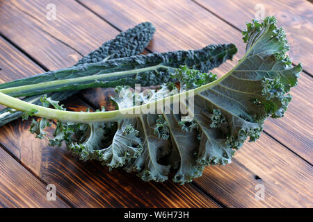 Beliebte Grünkohl Sorten, Blau geringelt Vates Kale Ende toskanischen Kale. Frische saftige Blätter von Kale Kohl liegen auf einem Holztisch. Stockfoto