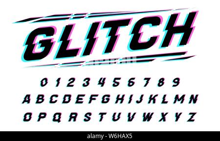 Glitch font für Plakate. Comic Retro Game Alphabets. Vintage futuristische Schrifttyp, bearbeitbar und geschichtet. Vektor moderne Chrom Buchstaben im Pop Art Stil Stock Vektor