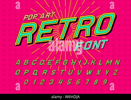 Disco font für Plakate. Comic retro Alphabet. Vintage futuristische 80er Schrift, bearbeitbar und geschichtet. Vektor moderne Chrom Buchstaben im Pop Art Stil Stock Vektor