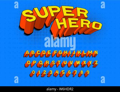 Comic Spiel font für Plakate. Pop Art retro Alphabet. Vintage futuristische 80er Schrift, bearbeitbar und geschichtet. Vector Super Hero, moderne Chrom Buchstaben Stock Vektor