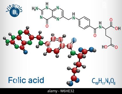 Folsäure Folsäure Molekül. Es ist als Vitamin B9 bezeichnet. Strukturelle chemische Formel und Molekül-Modell. Vector Illustration Stock Vektor