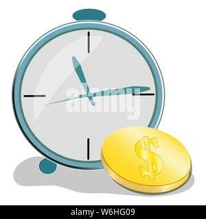 Zeit ist das Konzept des Geldes, der Alarm. Uhr und Münzen, langfristige Finanzanlagen, zukünftige Einnahmen, monetärer Gewinn. Viele Münzen. Vektor Stock Vektor