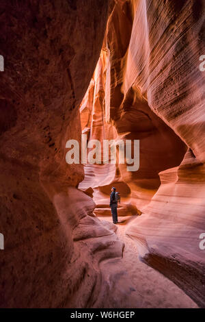 Mann in einem Slot Canyon bekannt als Canyon X, in der Nähe von Page, Arizona, Vereinigte Staaten von Amerika Stockfoto