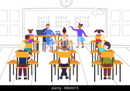 Lehrerin mit Schülerinnen und Schülern am Schreibtisch sitzen auf Schulmädchen lösen mathematische Problem am schwarzen Brett der Schule Lektion Ausbildung Konzept moderne Schule Stock Vektor