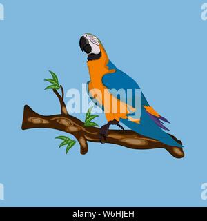 Vogel Blau-Gelb macaw stehend auf Zweige Vektor-illustration blauen Hintergrund isolieren. Stock Vektor