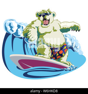 Polar Bear bei Sonnenbrillen & Shorts Surfen eine Welle auf dem Ozean Stockfoto