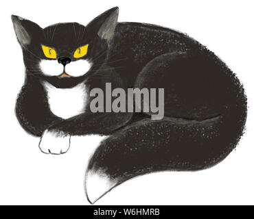 Hand zeichnen Abbildung: eine schwarze Katze mit gelben Augen auf weißem Hintergrund Stockfoto
