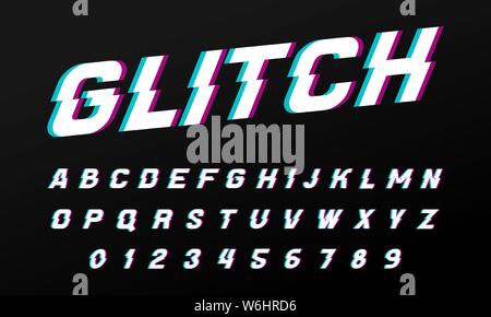 Glitch font für Plakate. Comic Retro Game Alphabets. Vintage futuristische Schrifttyp, bearbeitbar und geschichtet. Vektor moderne Chrom Buchstaben im Pop Art Stil Stock Vektor